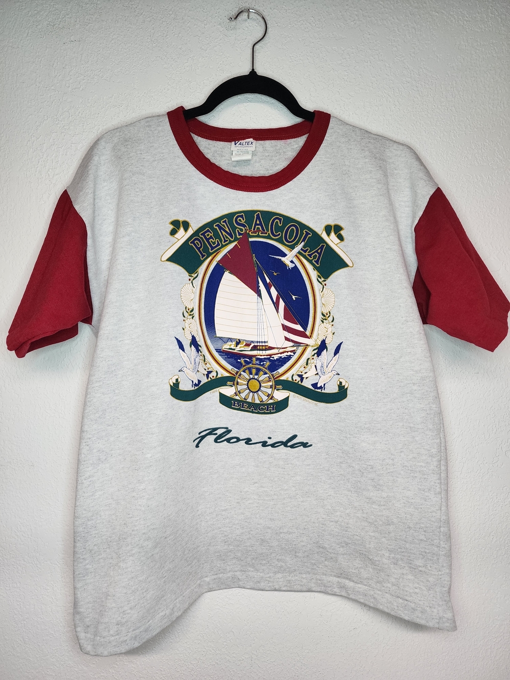 Vintage Pensacola Beach FL Sailboat Graphic Ringer Tee Single Stitch Shirt